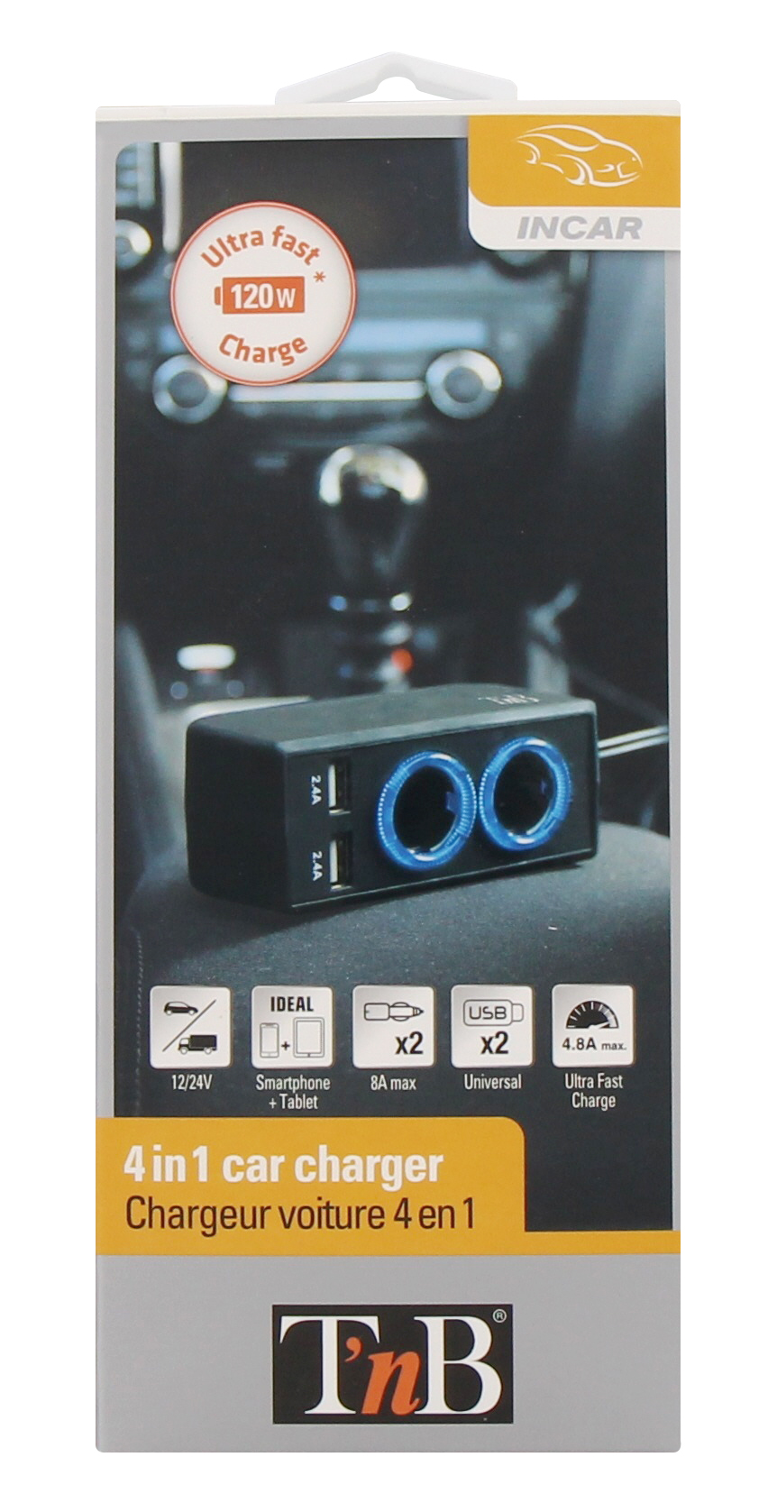 2XUSB-A 24W car charger + 2 car sockets3