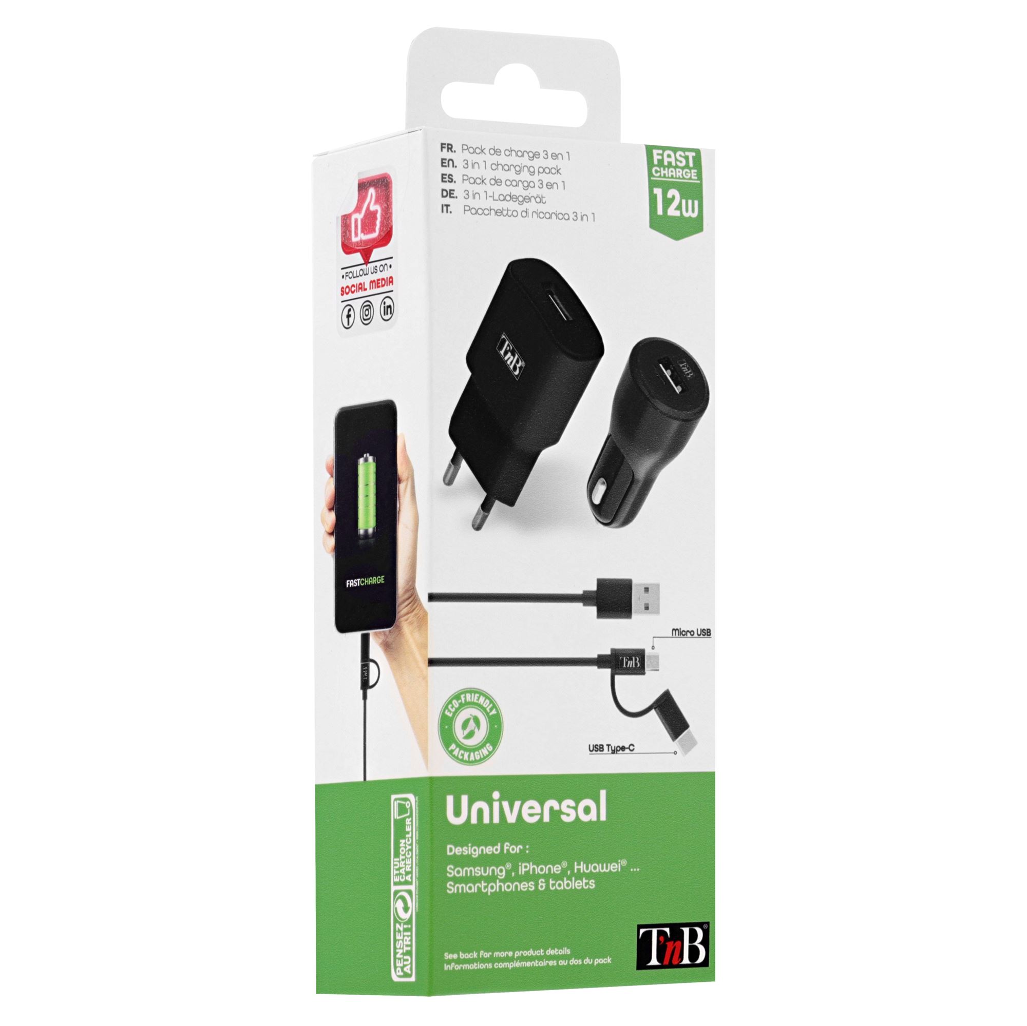 Pack de charge 12W : 1 USB chargeur secteur + chargeur allume cigare + câble 2 en 17