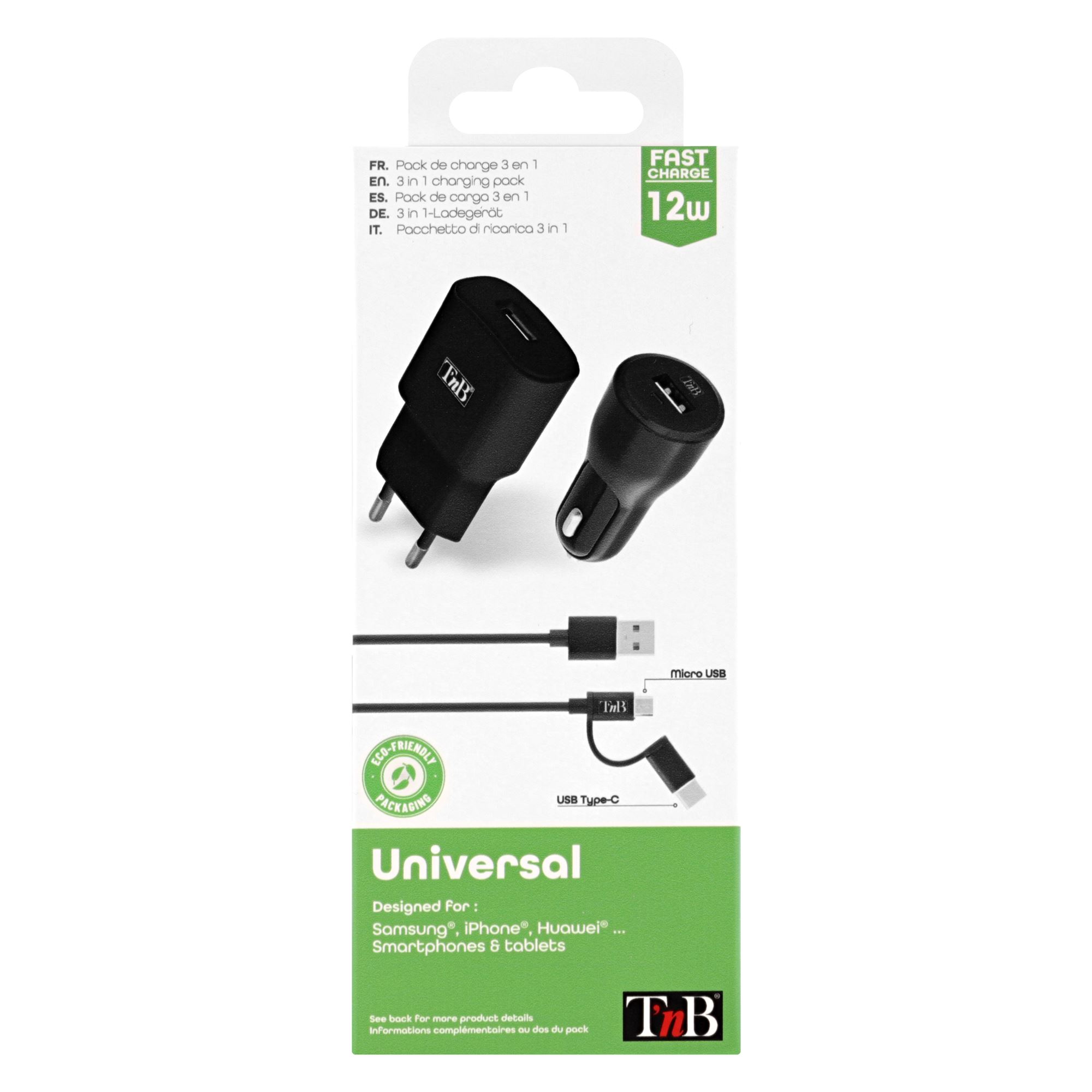 Pack de charge 12W : 1 USB chargeur secteur + chargeur allume cigare + câble 2 en 18
