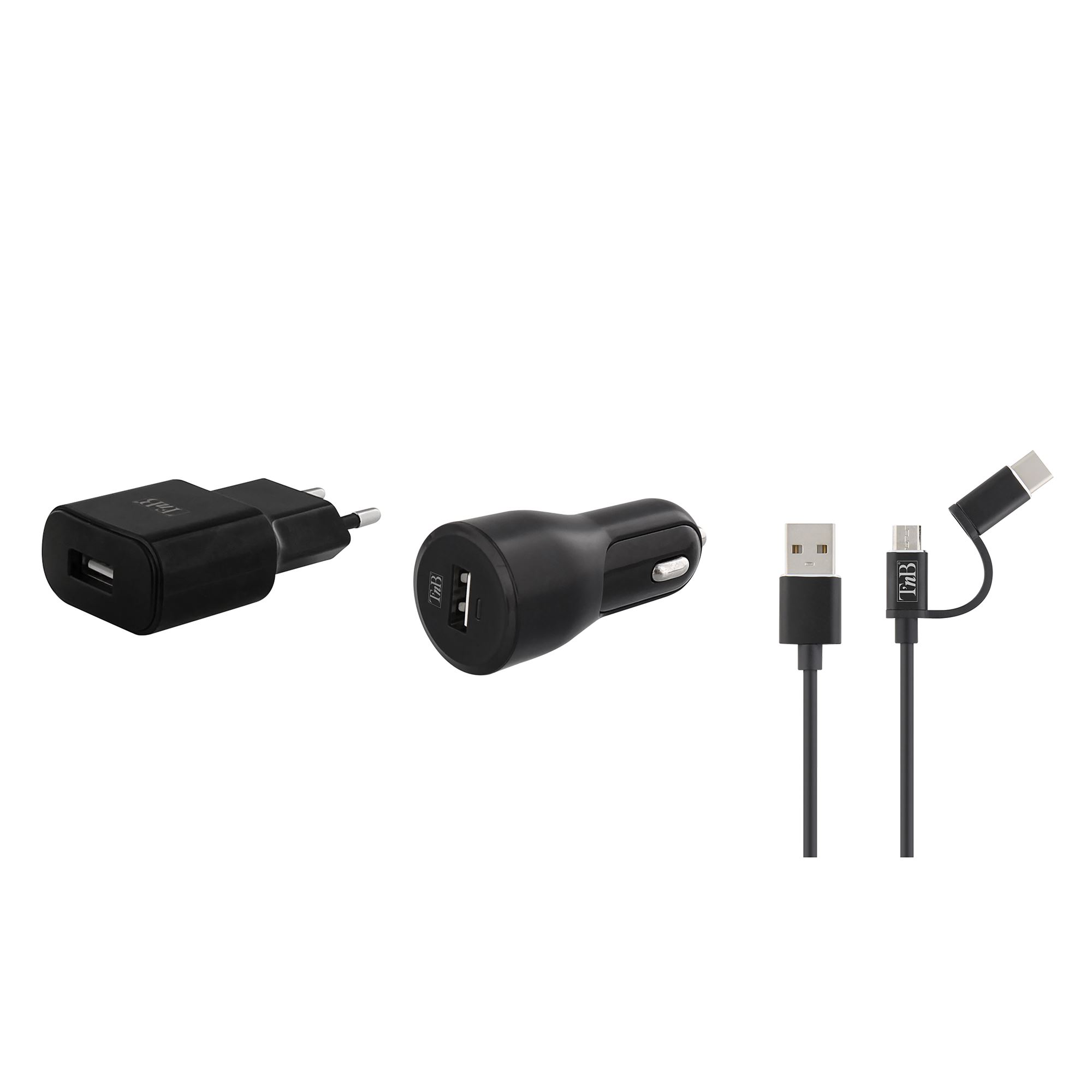 Pack de charge 12W : 1 USB chargeur secteur + chargeur allume cigare + câble 2 en 11