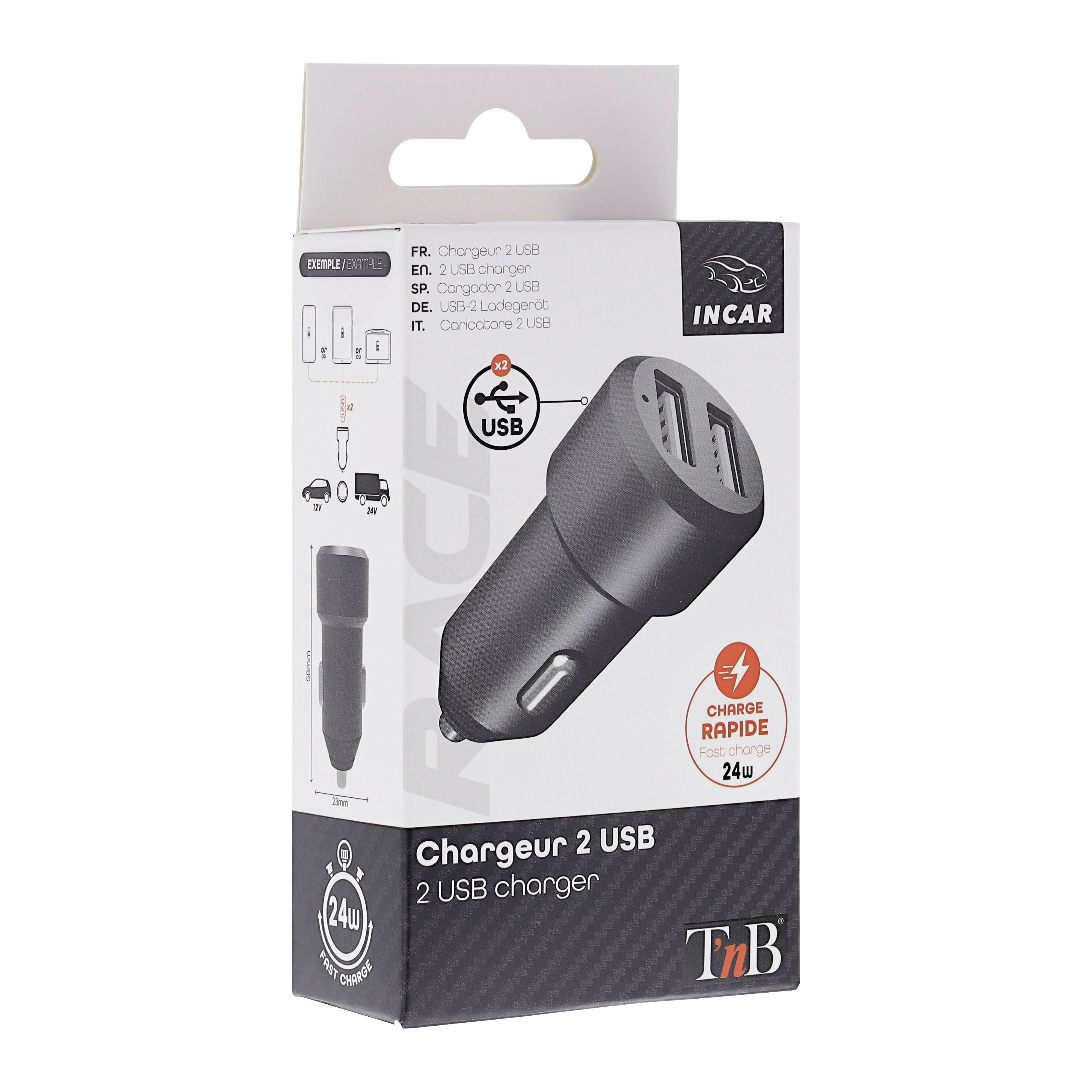 Chargeur allume-cigares 2XUSB-A 24W RACE3