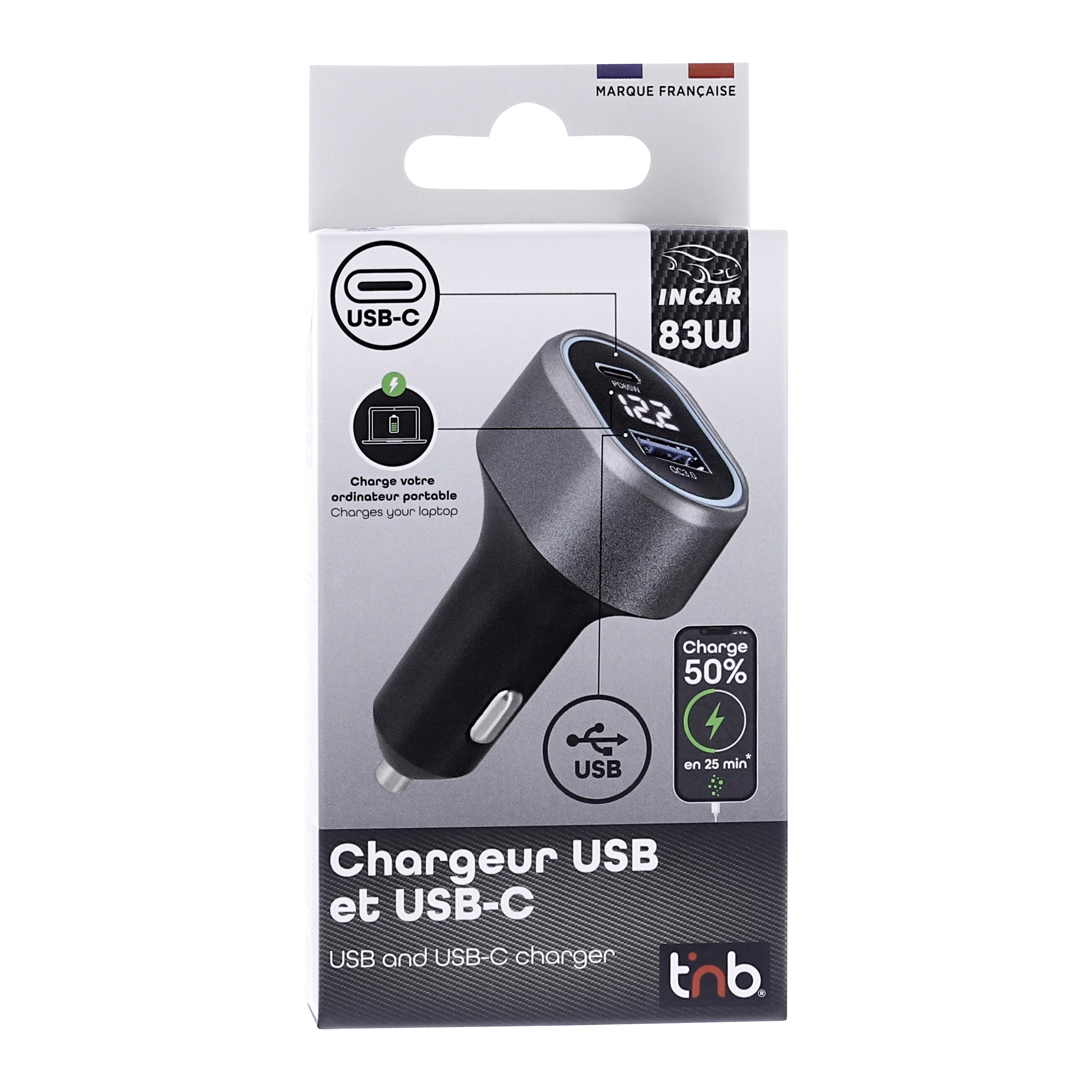 Chargeur allume-cigares 1XUSB et 1XUSB-C QC et PD 83W7