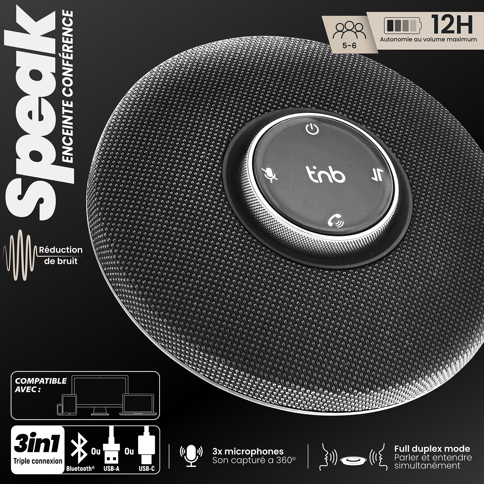 Altavoz de conferencia profesional con Bluetooth y cable USB-A/USB-C - negro3