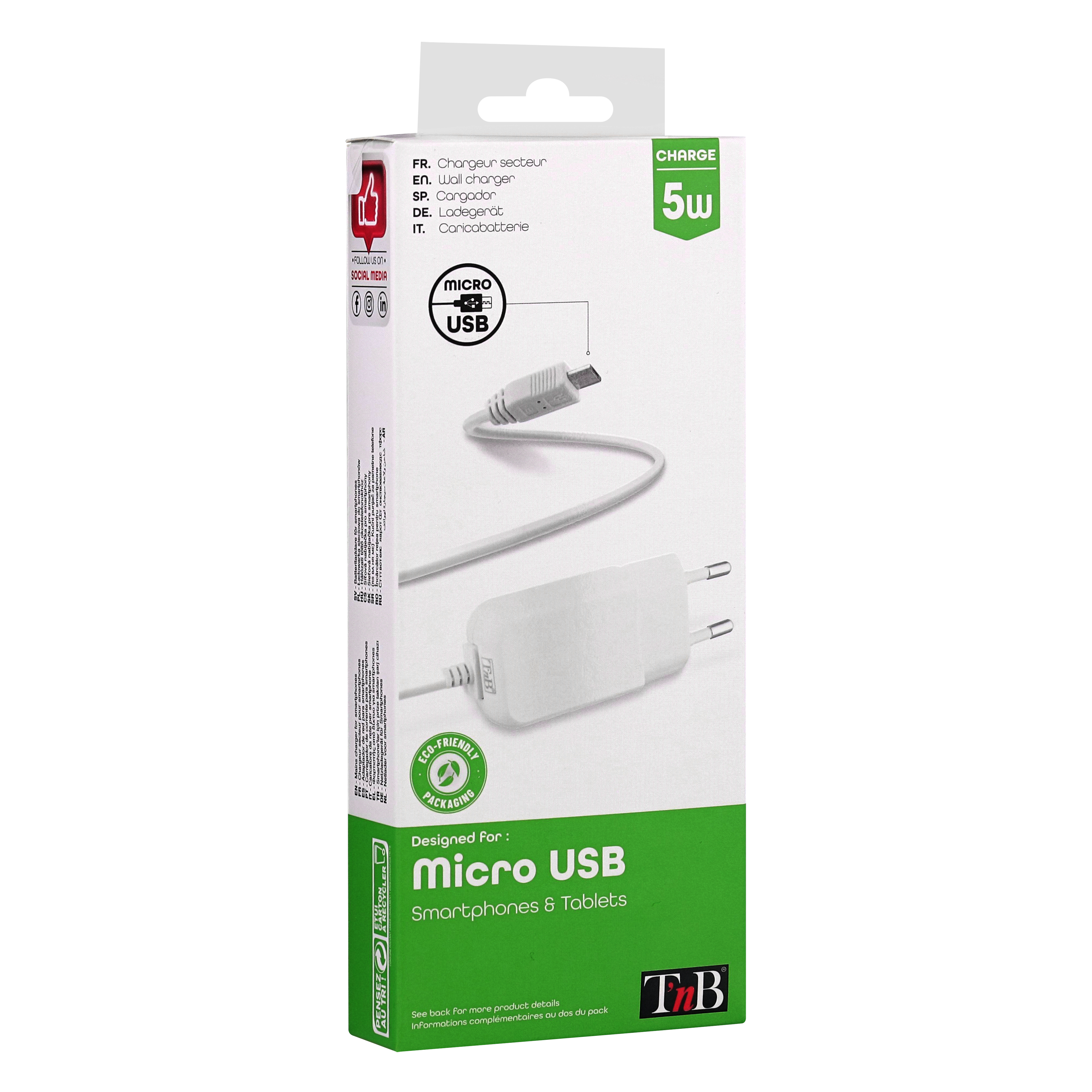 Chargeur secteur avec câble intégré Micro USB 5W3