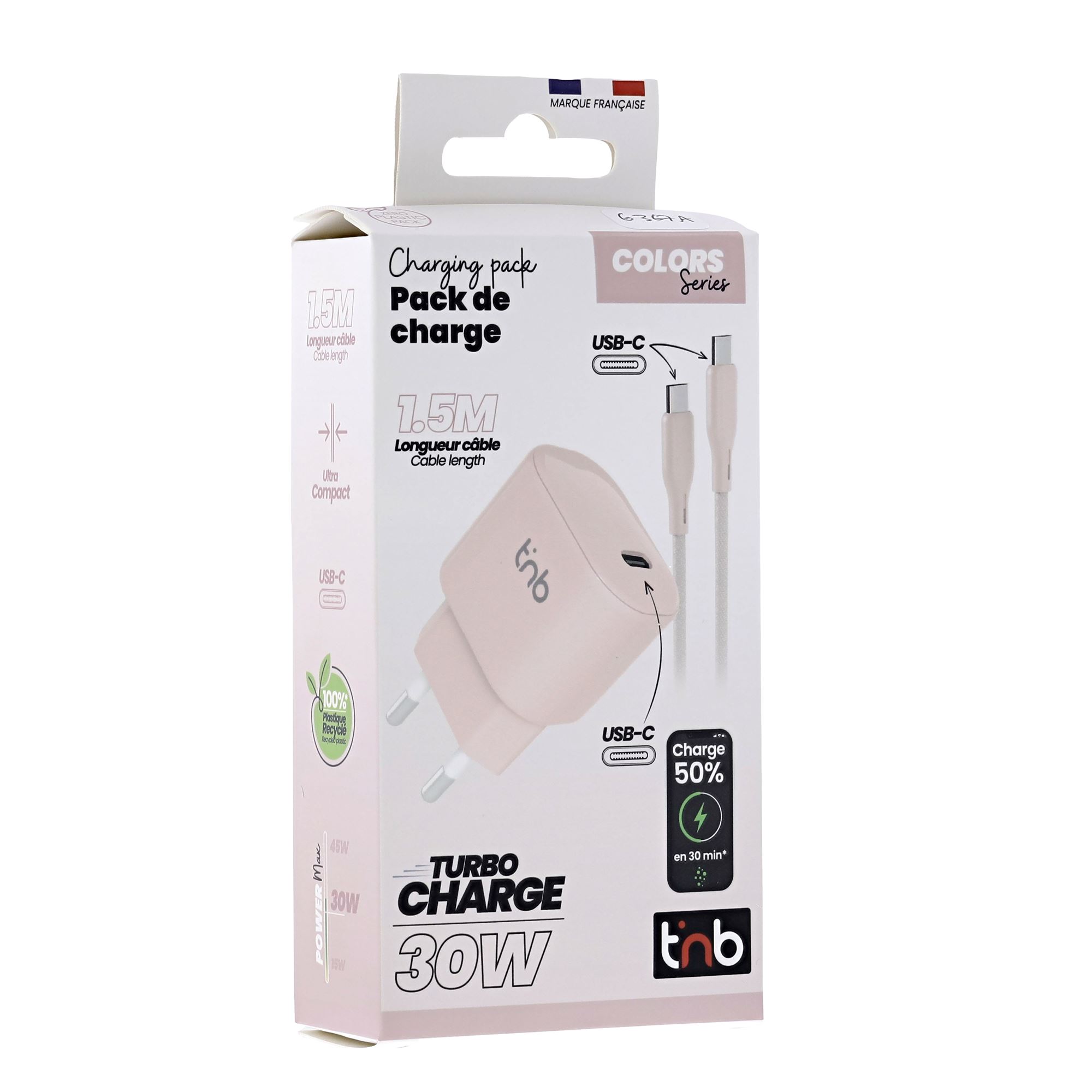 1 USB-C 30W Mains Charger Pack + USB-C Power Delivery Cable Pink5