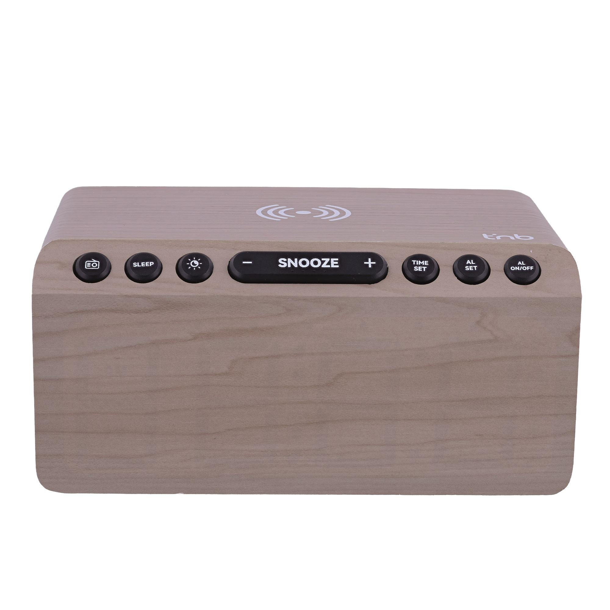 Radio réveil FM LED et chargeur sans fil 15W - finition bois2