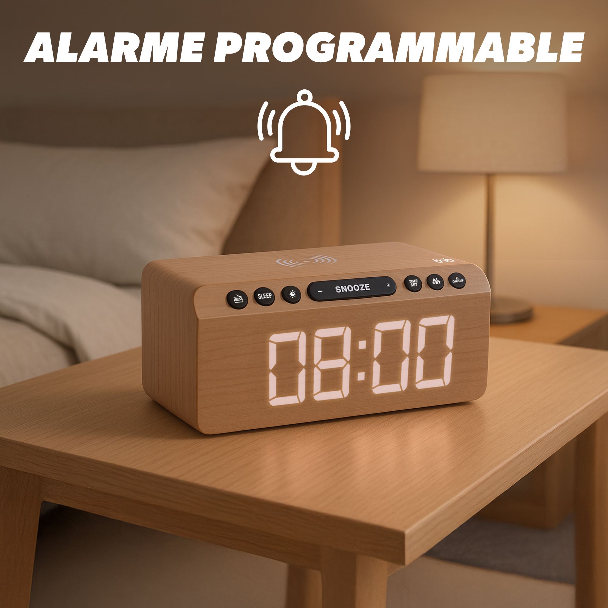 Radio réveil FM LED et chargeur sans fil 15W - finition bois3