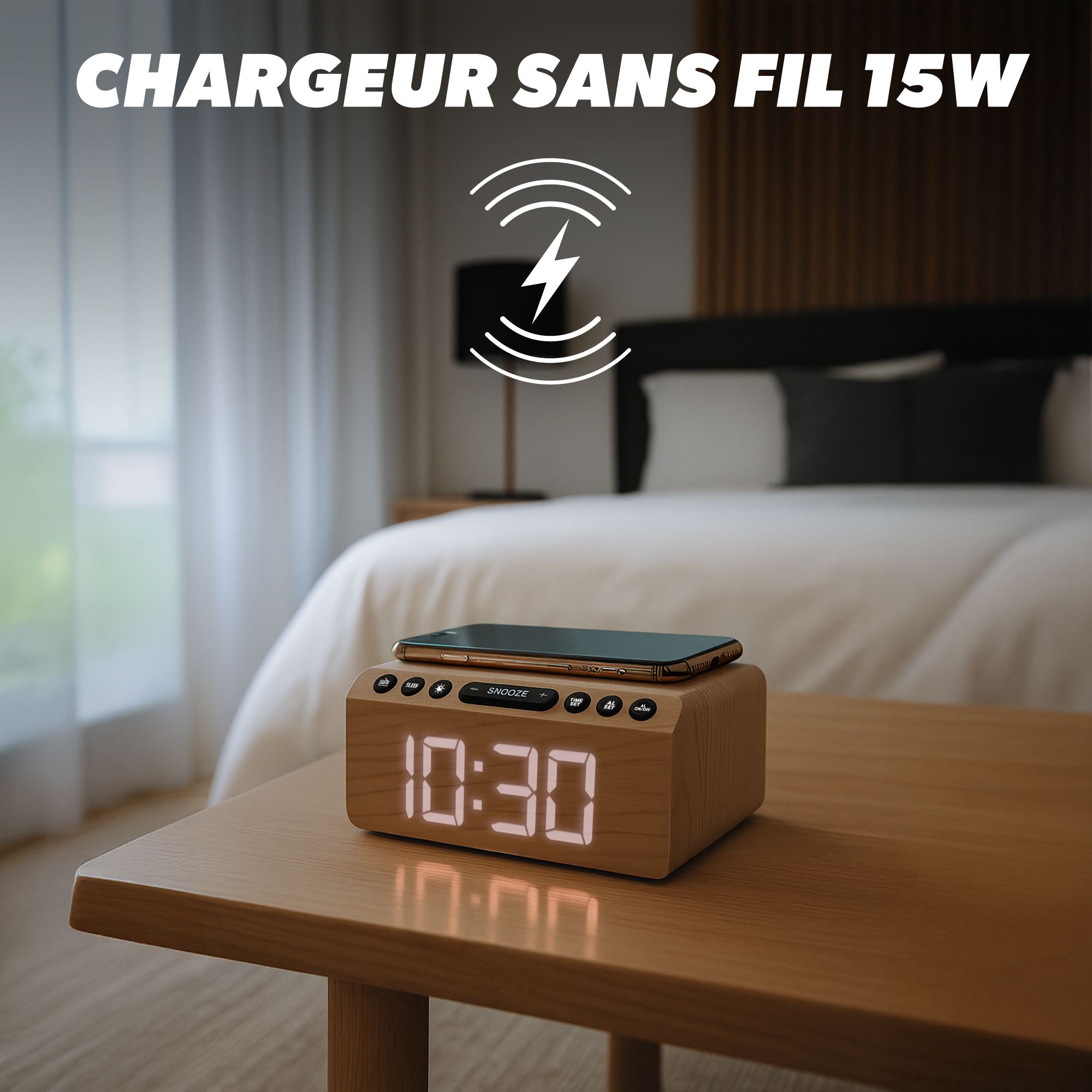 Radio réveil FM LED et chargeur sans fil 15W - finition bois4