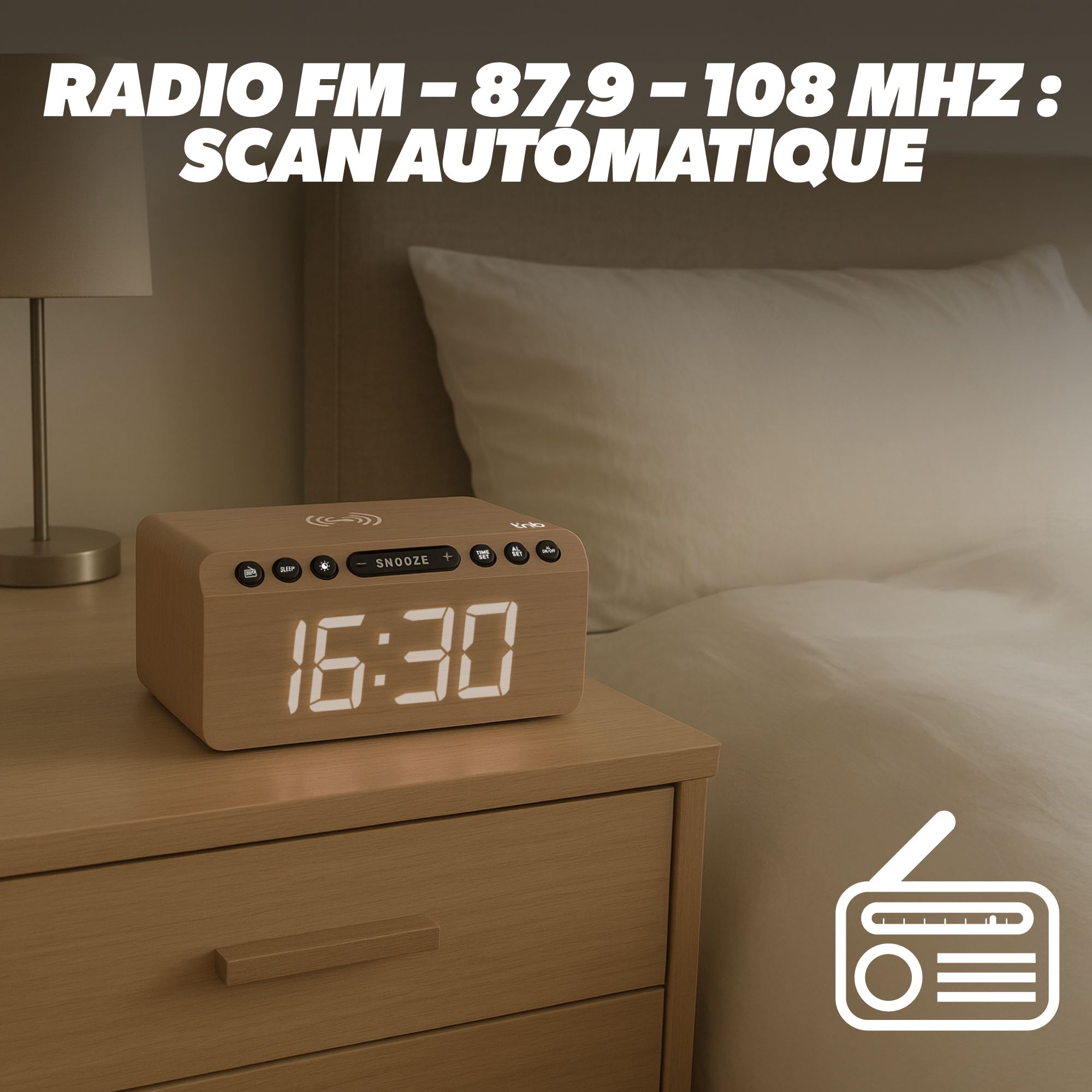 Radio réveil FM LED et chargeur sans fil 15W - finition bois5