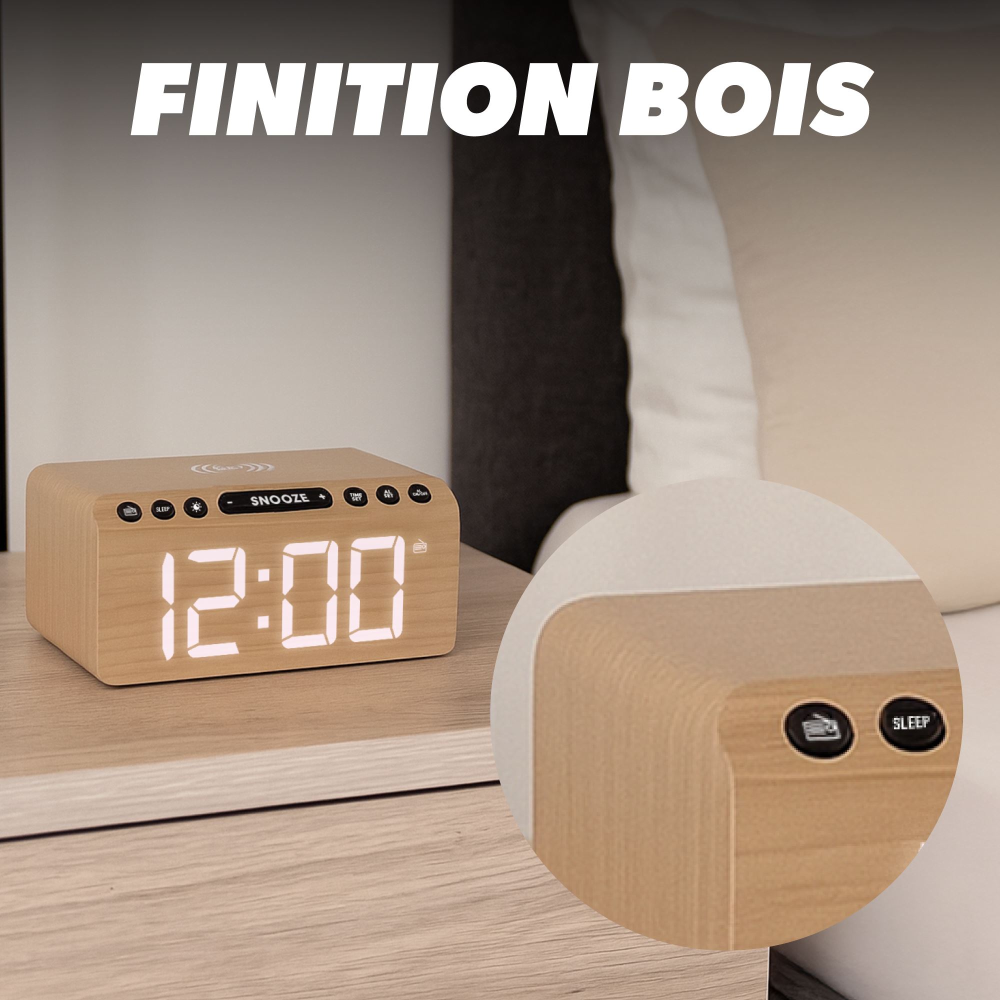 Radio réveil FM LED et chargeur sans fil 15W - finition bois6