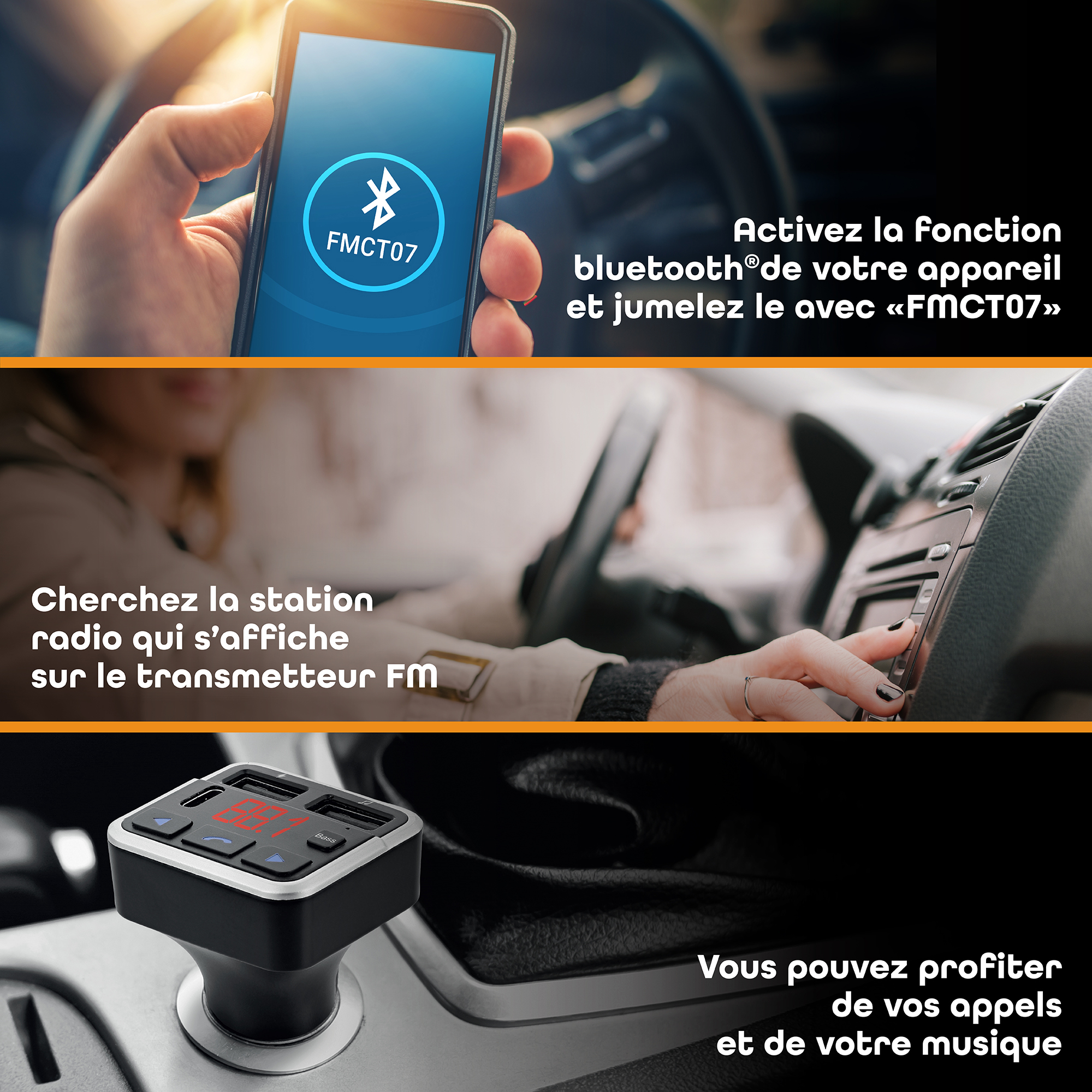 Transmisor FM Bluetooth 3 en 15