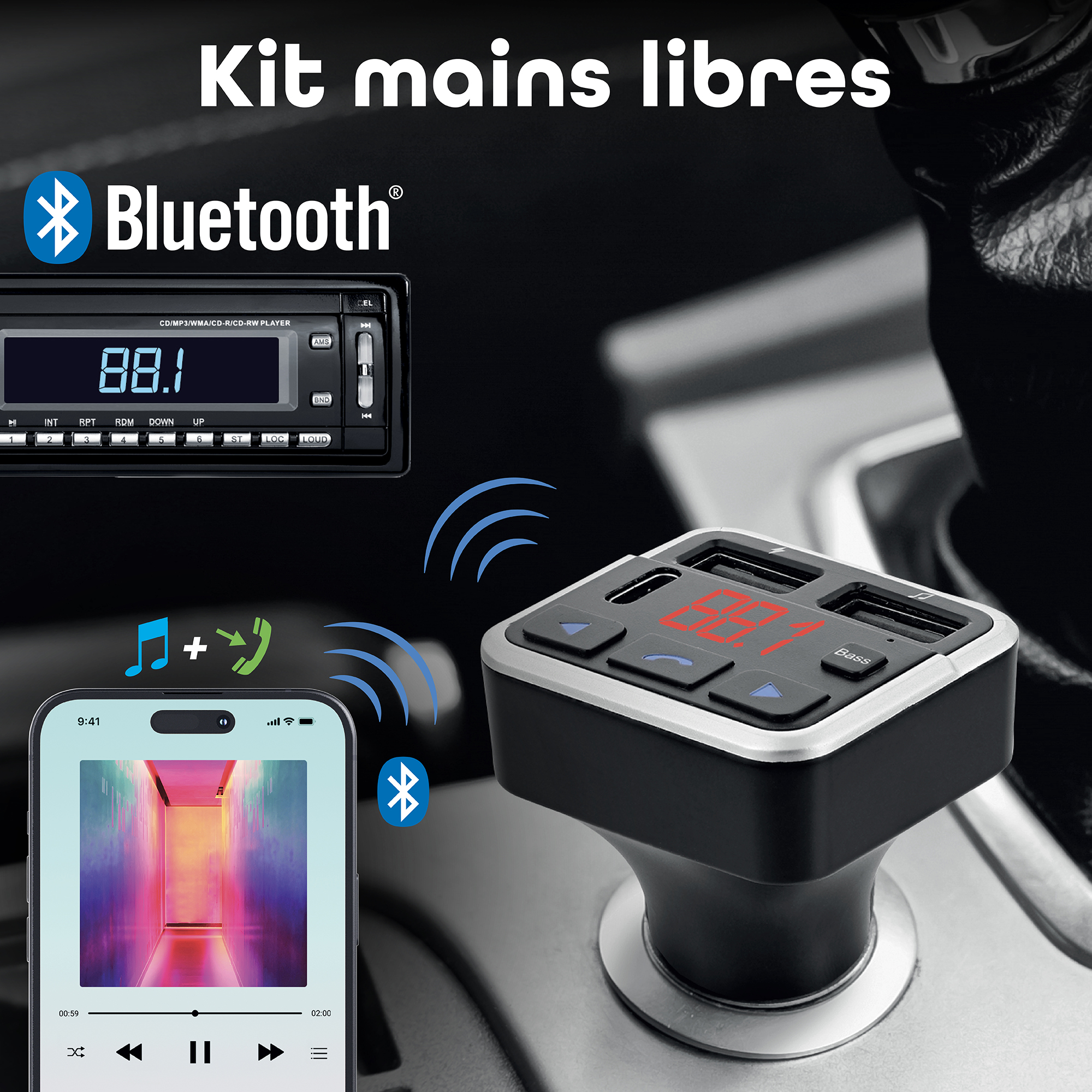 Transmisor FM Bluetooth 3 en 16