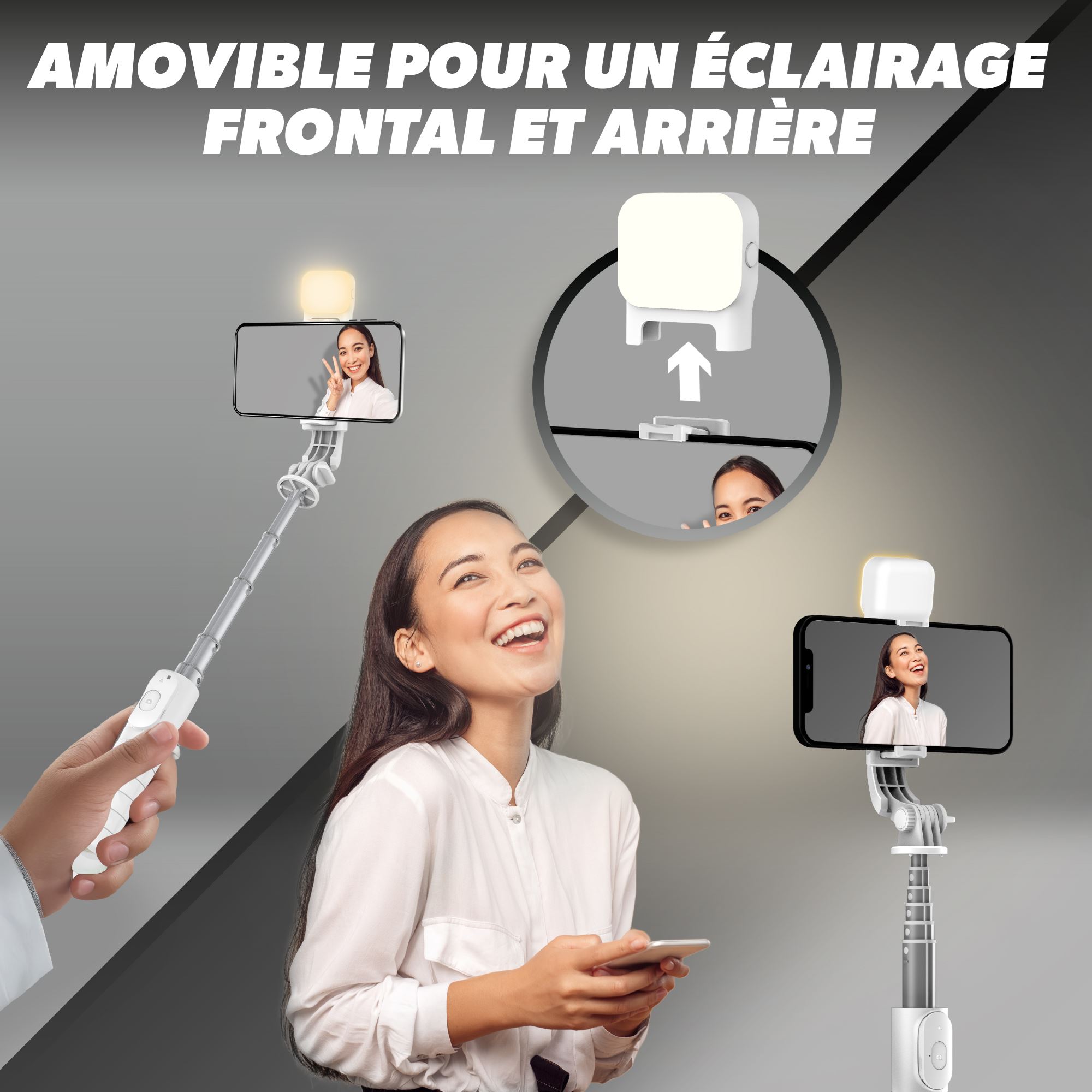 Mini perche à selfie Bluetooth 2 en 1 blanc avec l’éclairage LED - INFLUENCE PRO6