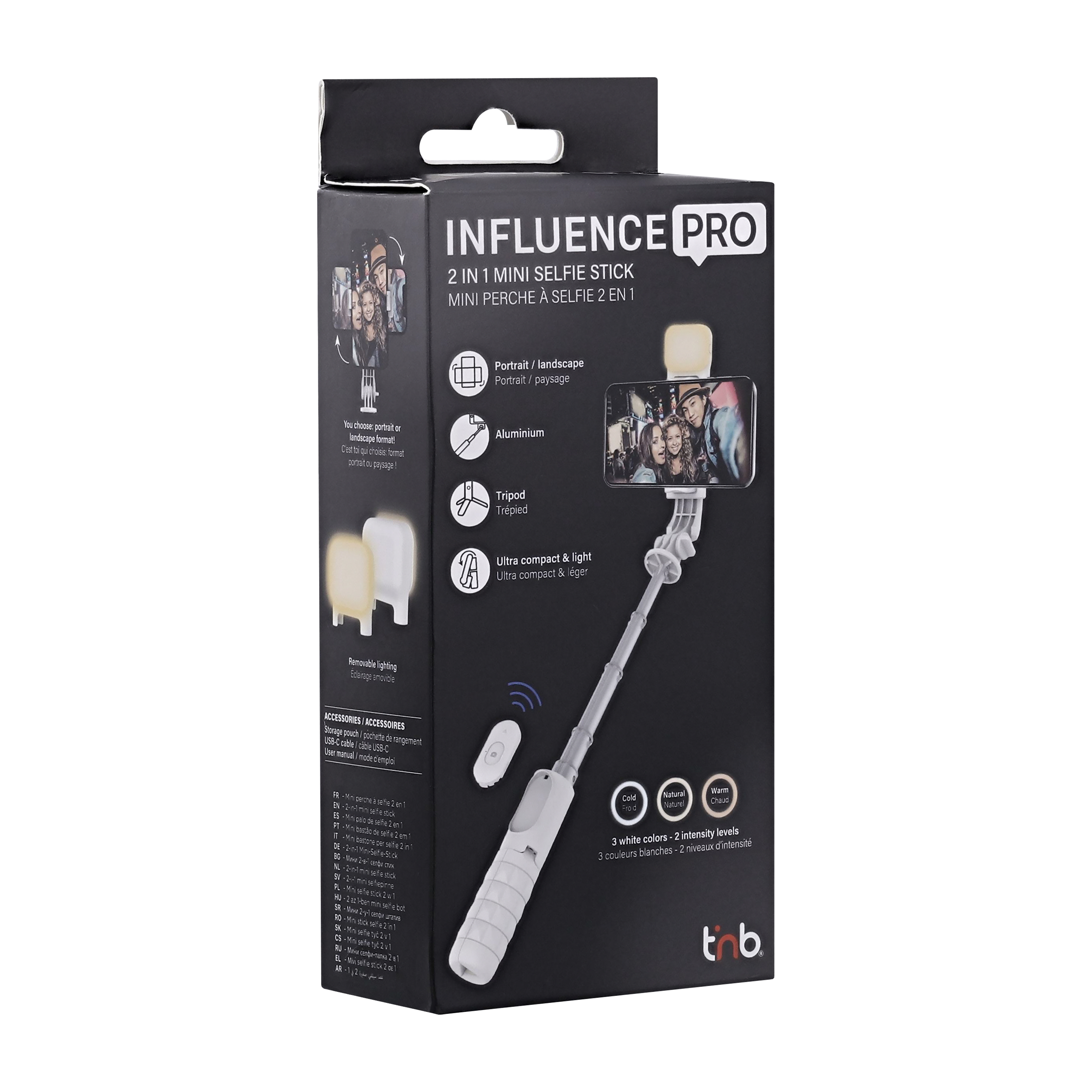 2 in 1 Mini Bluetooth Selfie Stick White with LED Light - INFLUENCE PRO5