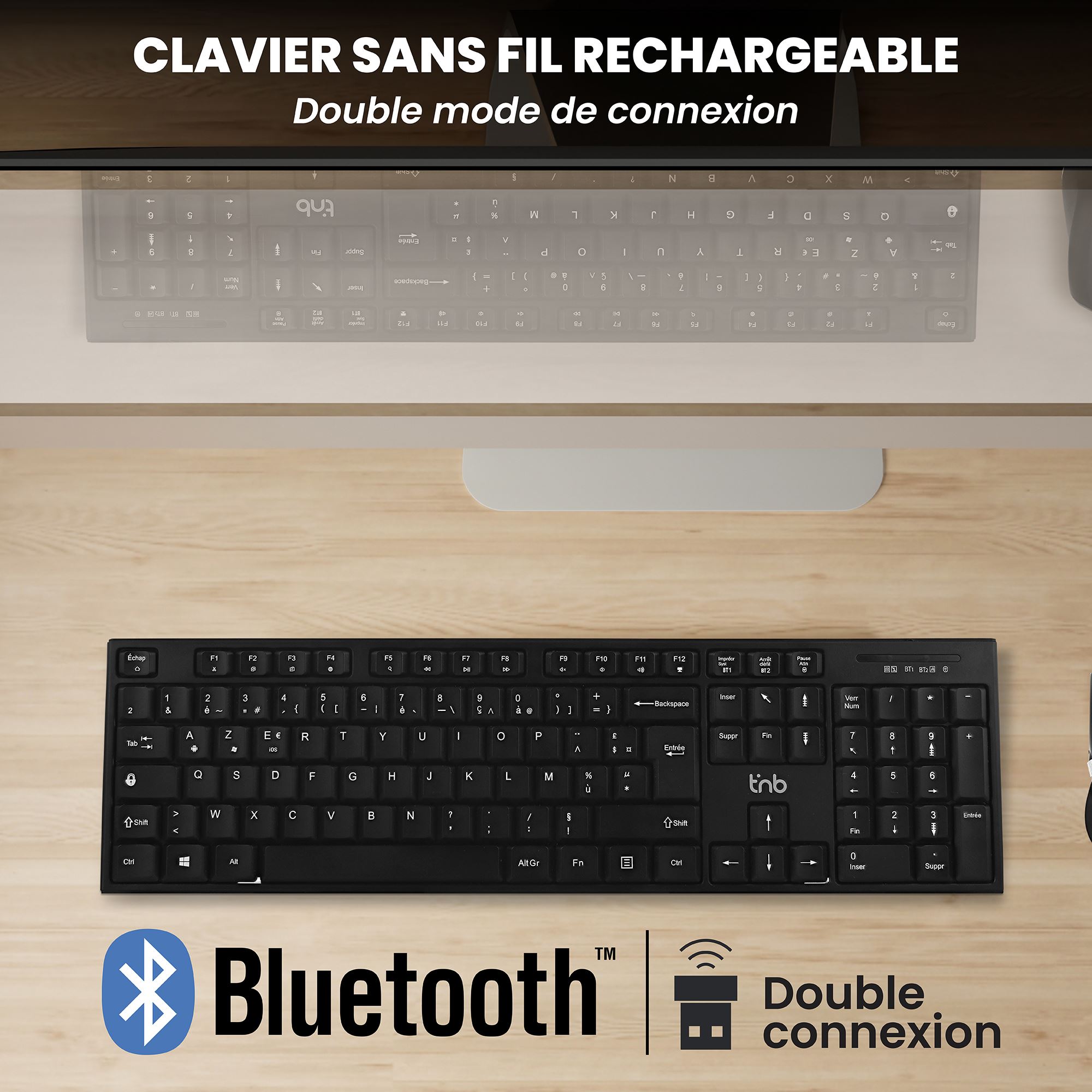 Teclado inalámbrico recargable Bluetooth + USB-A 2.4 Ghz - AZERTY (FR)3