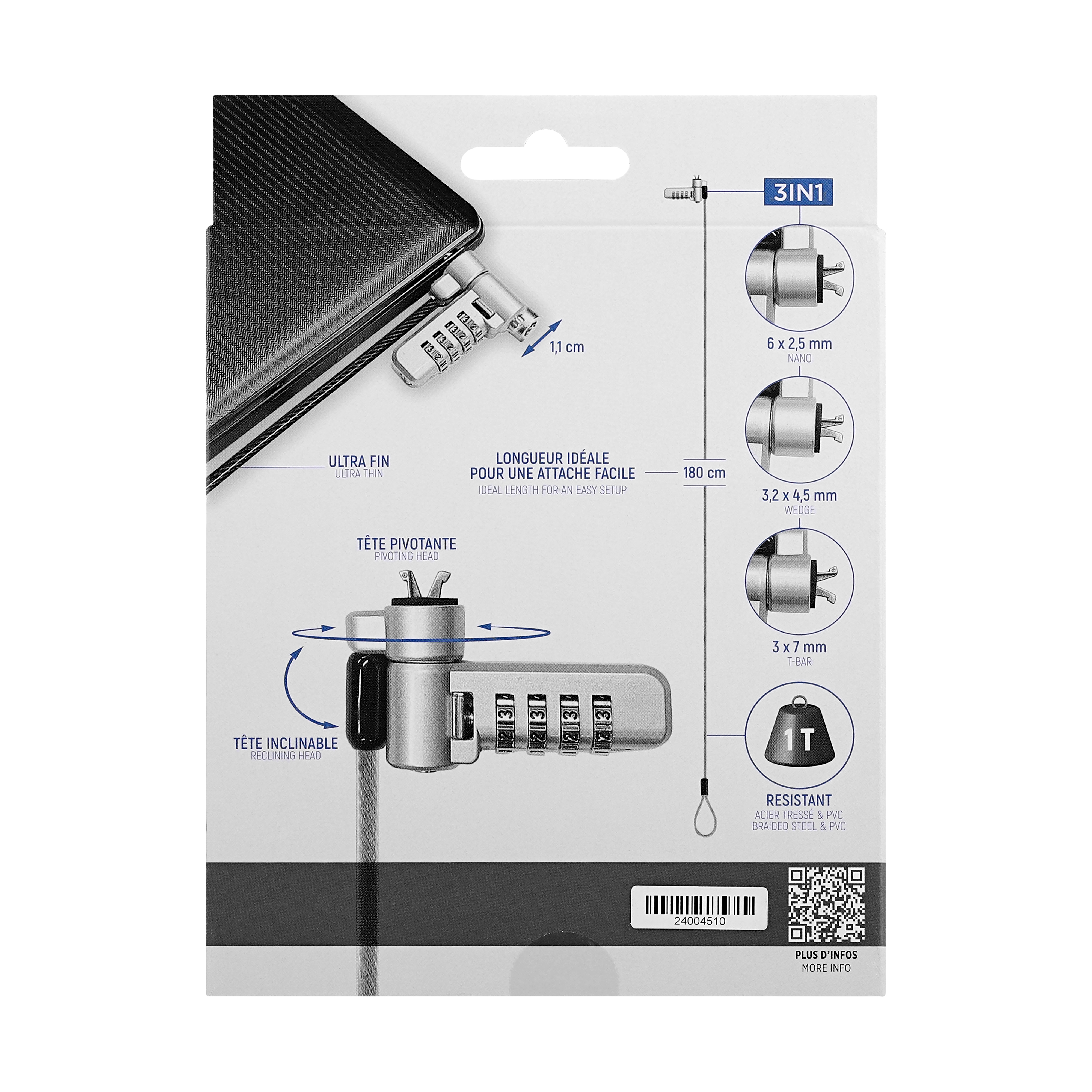 3-in-1 Coded Cable Lock - Compatible with T-Bar, Nano and Wedge7