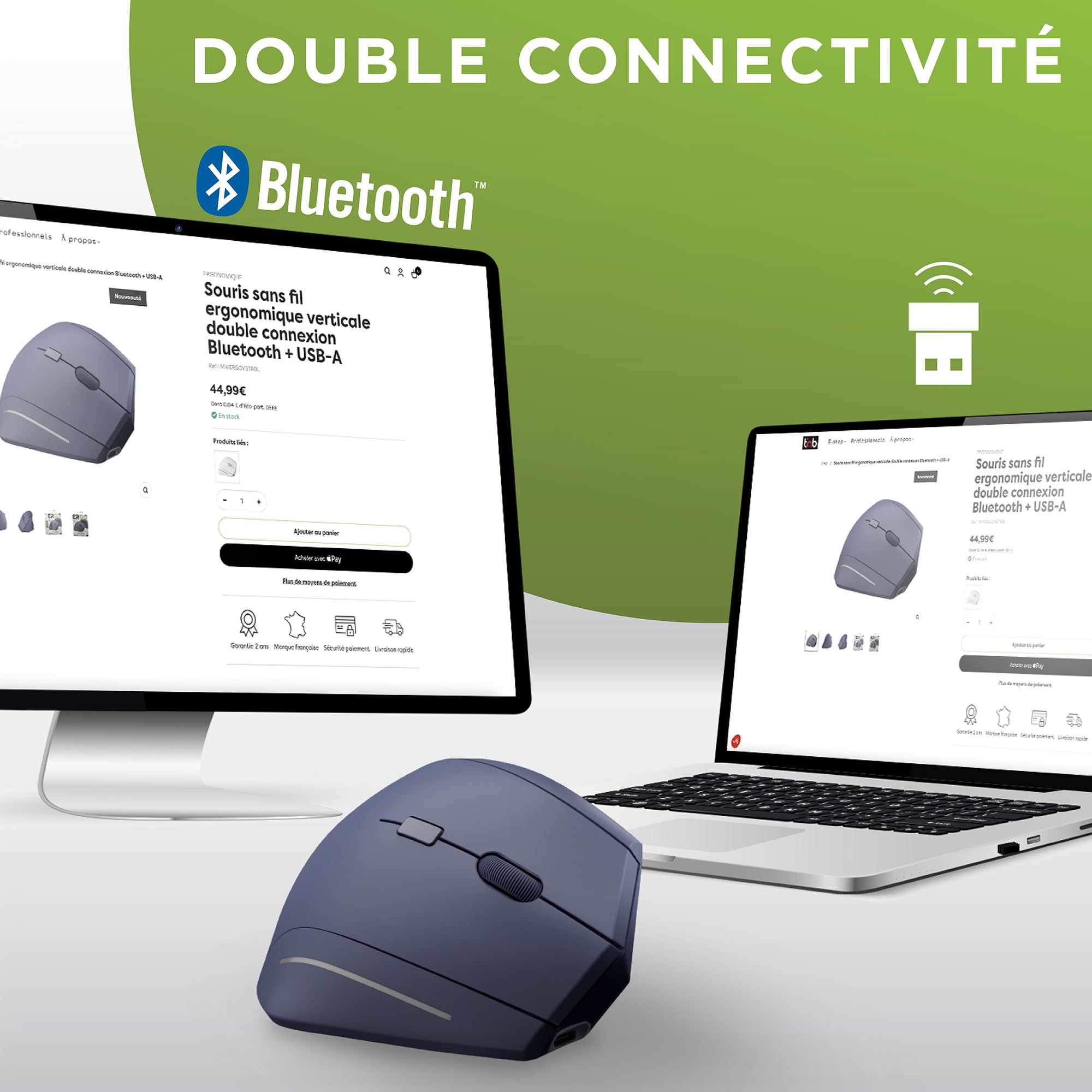 Souris sans fil ergonomique verticale double connexion Bluetooth + USB-A4