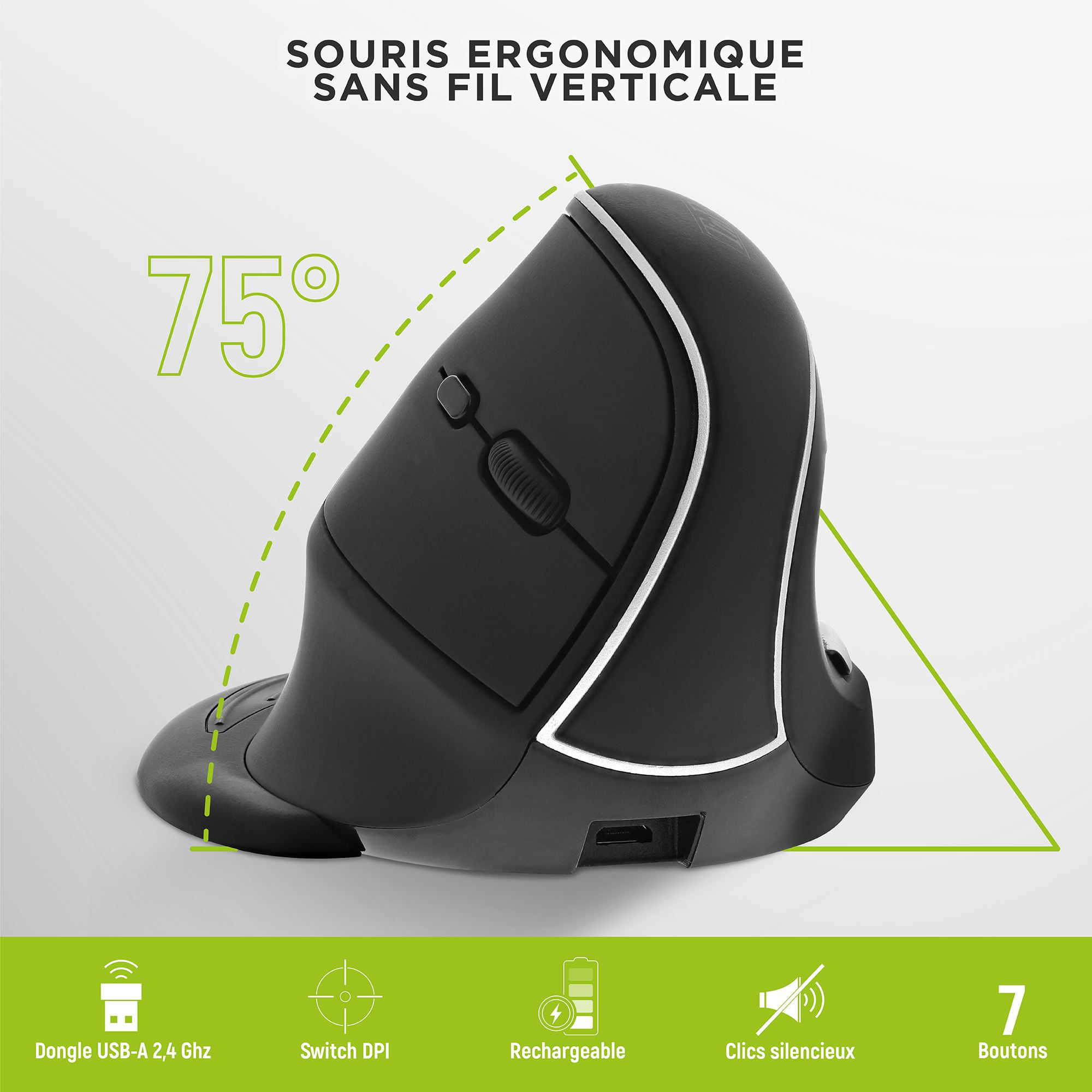 Souris sans fil ergonomique verticale rechargeable double connexion Bluetooth + USB-A3