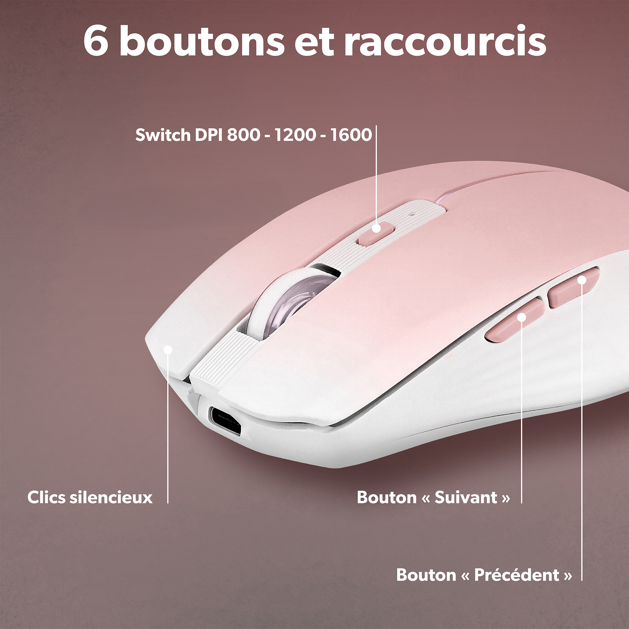 Souris colorée rechargeable DUAL CONNECT rose - GRADIENT6