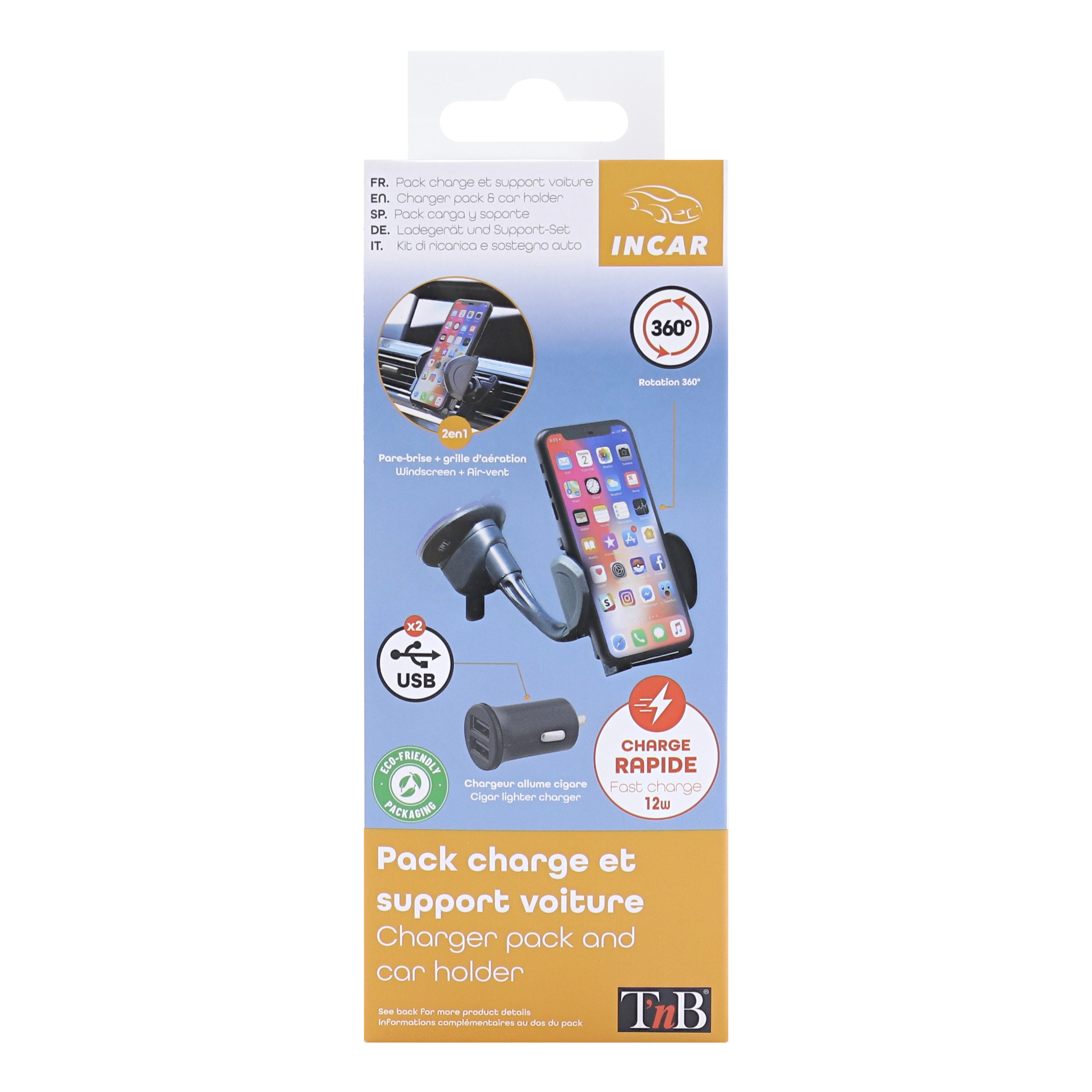 Pack voiture 3 en 1 chargeur allume-cigares 2XUSB-A 12W + support pare-brise et grille d'aération10