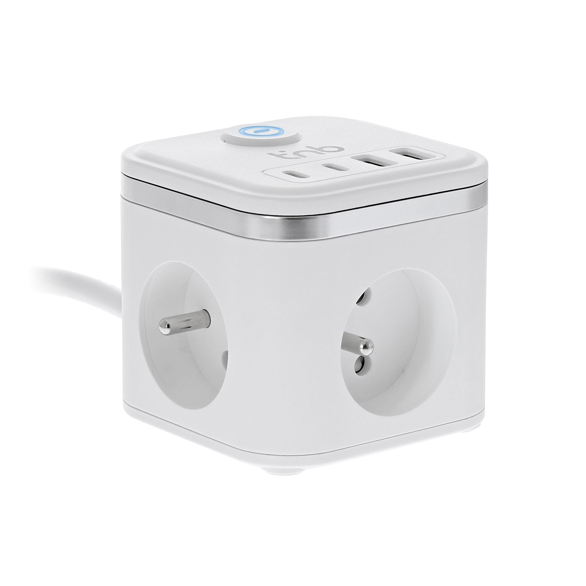 Multiprise secteur avec 3 prises + 4 ports USB (2 USB-A + 2 USB-C) – Bouton ON/OFF2