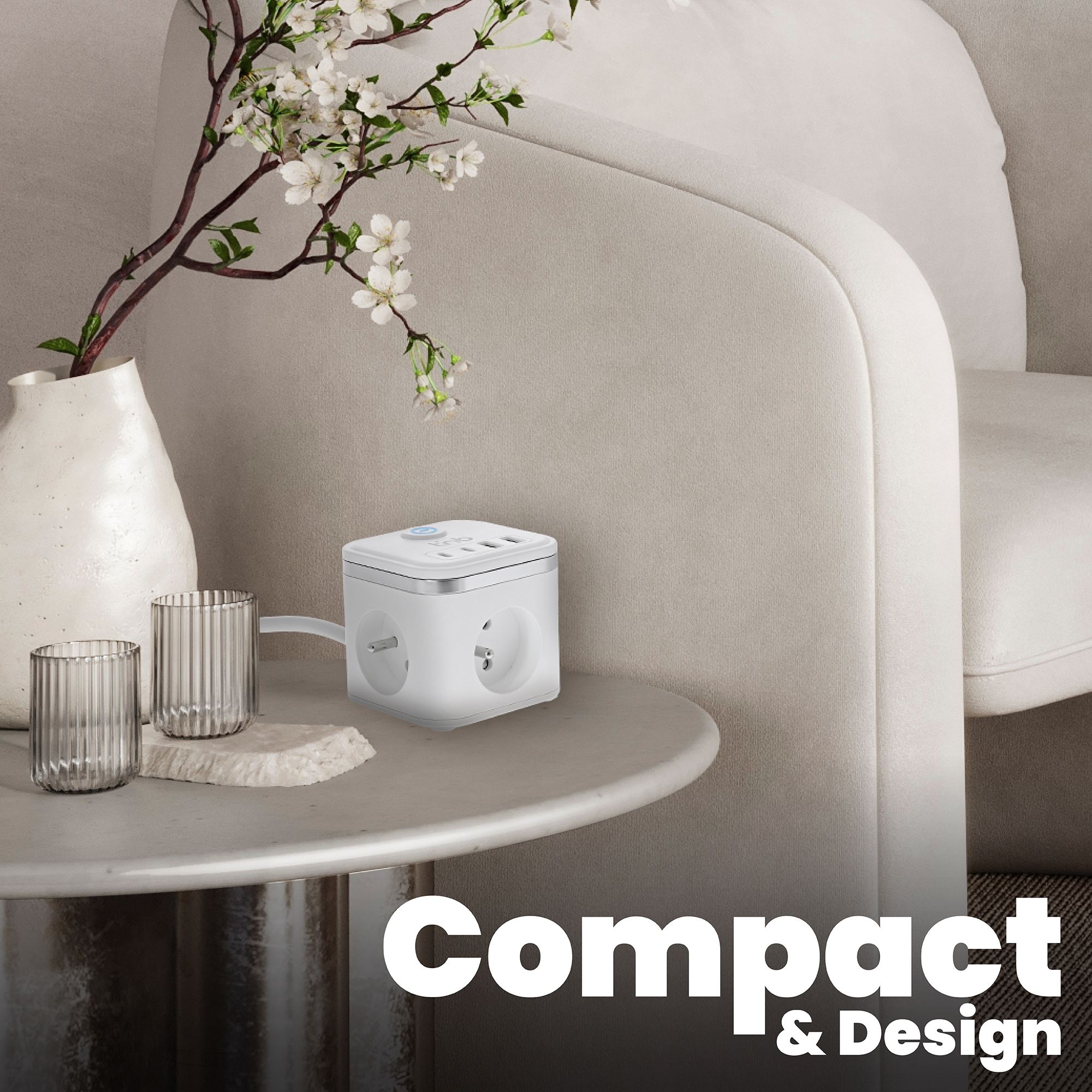 Multiprise secteur avec 3 prises + 4 ports USB (2 USB-A + 2 USB-C) – Bouton ON/OFF3