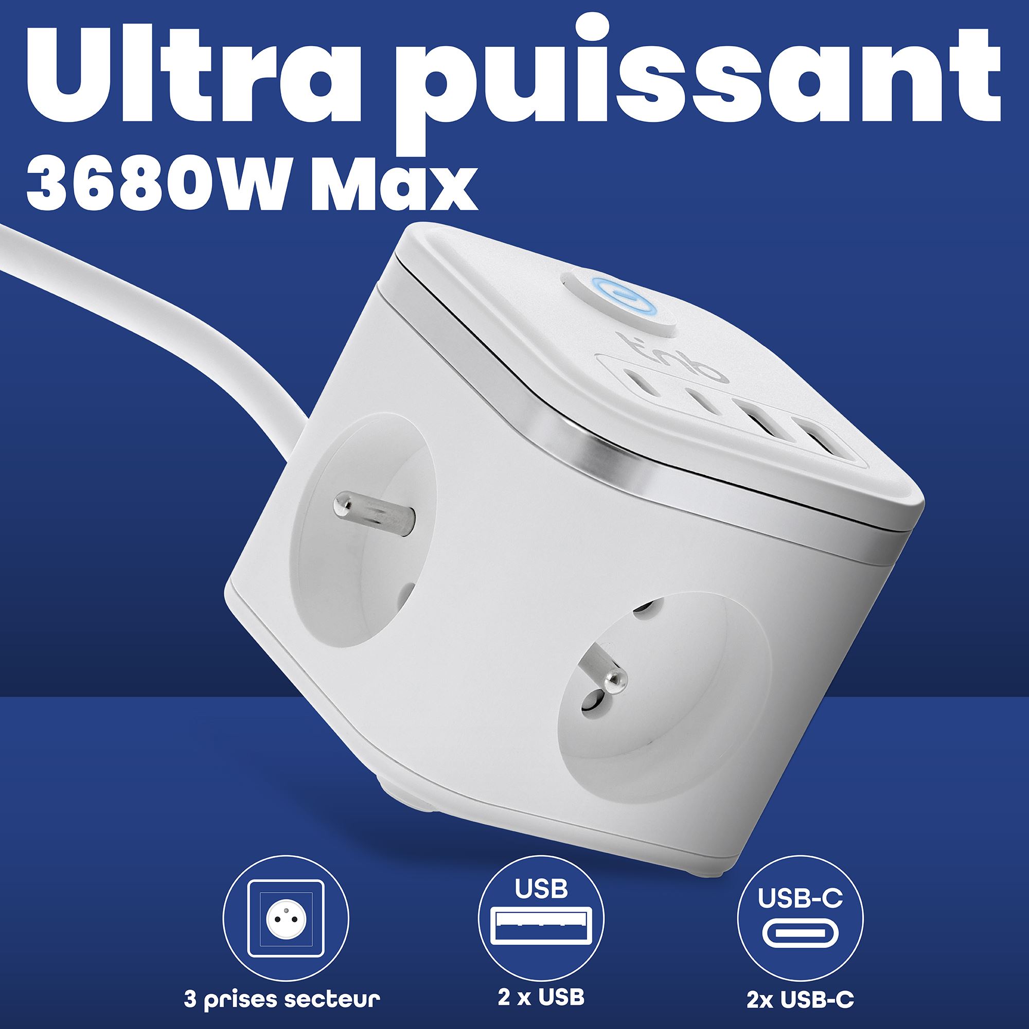 Multiprise secteur avec 3 prises + 4 ports USB (2 USB-A + 2 USB-C) – Bouton ON/OFF5