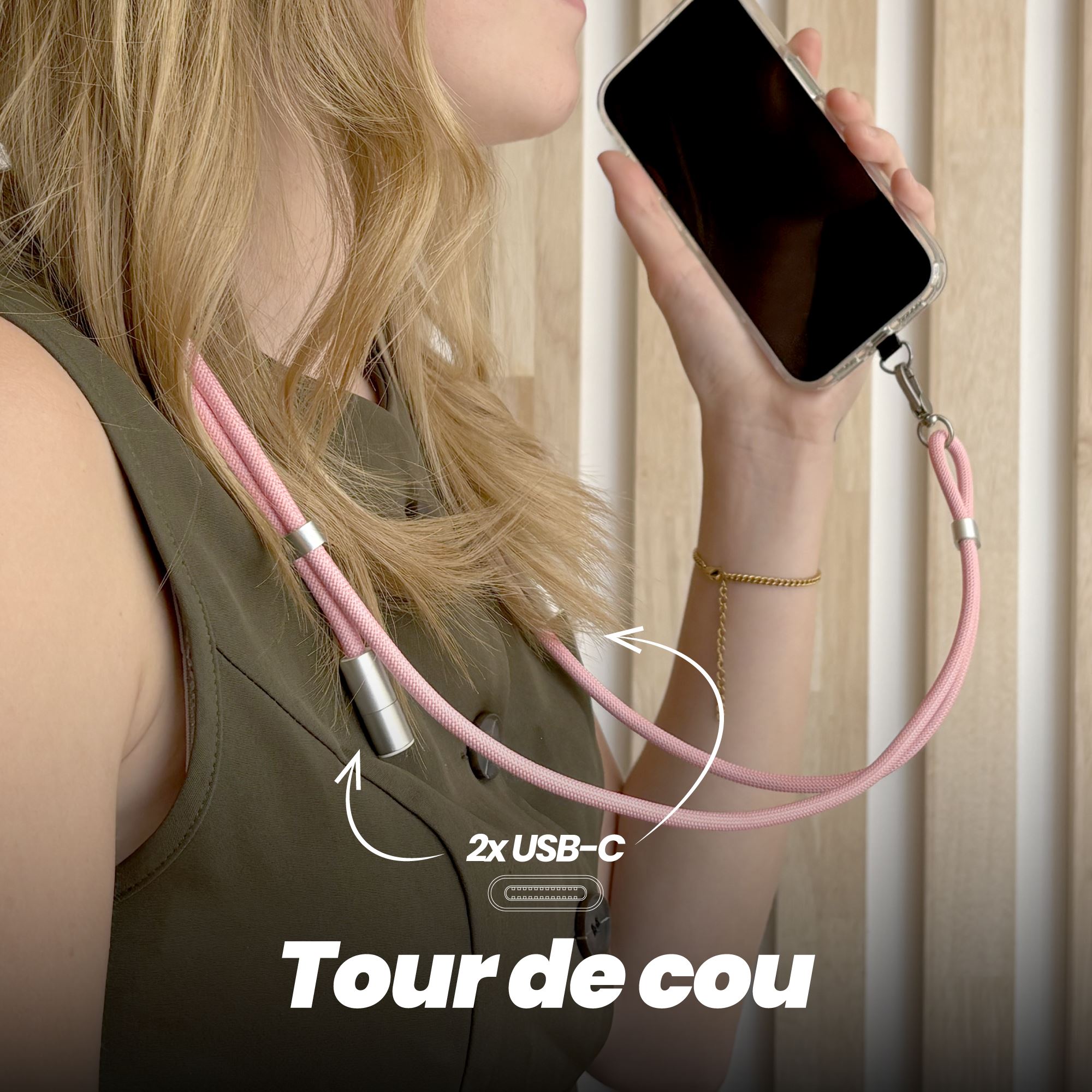 60W USB-C to USB-C Neckband Cable – 2-in-1 Pink3