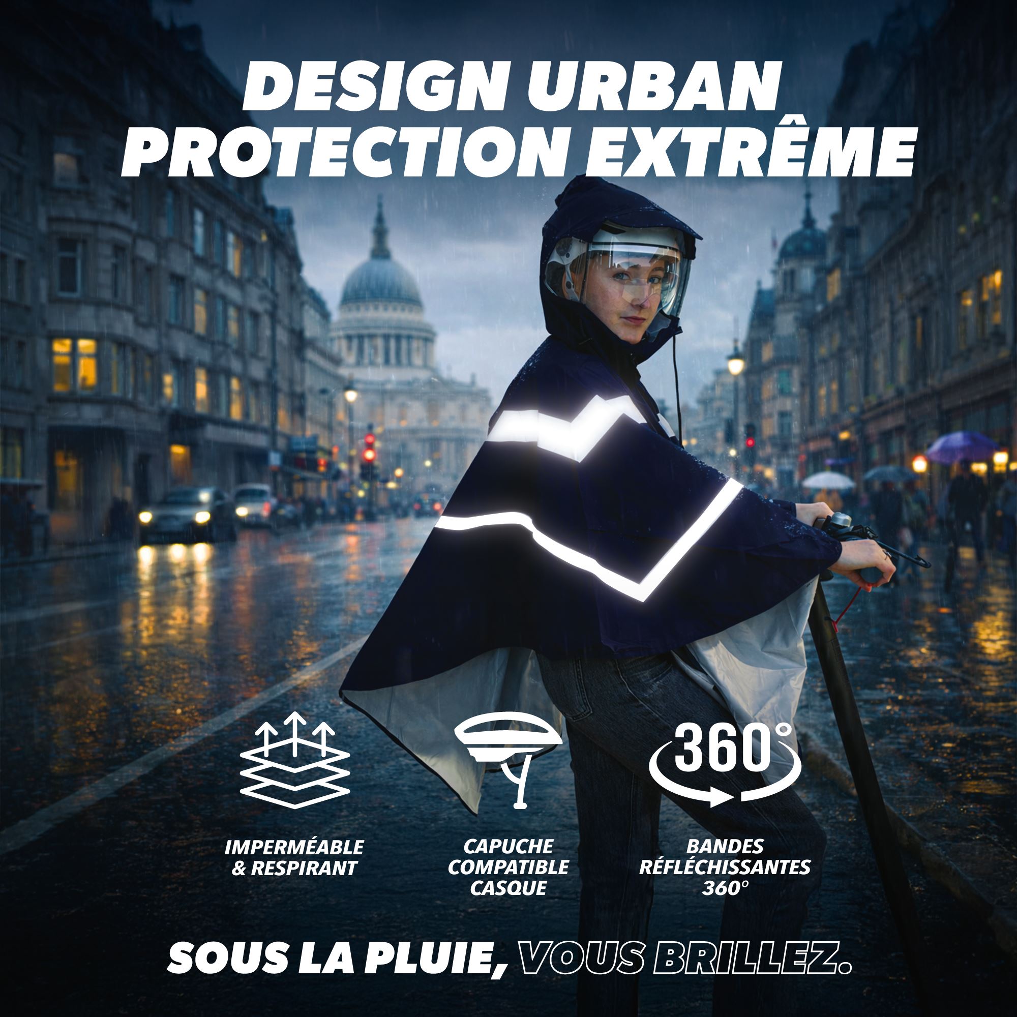 Poncho de pluie imperméable réfléchissant - taille M - BLEU3