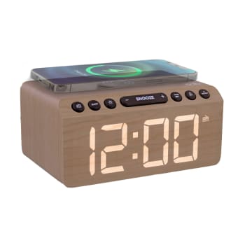 Radio réveil FM LED et chargeur sans fil 15W - finition bois