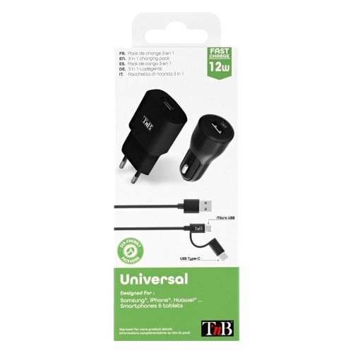 Pack de charge 12W : 1 USB chargeur secteur + chargeur allume cigare + câble 2 en 18