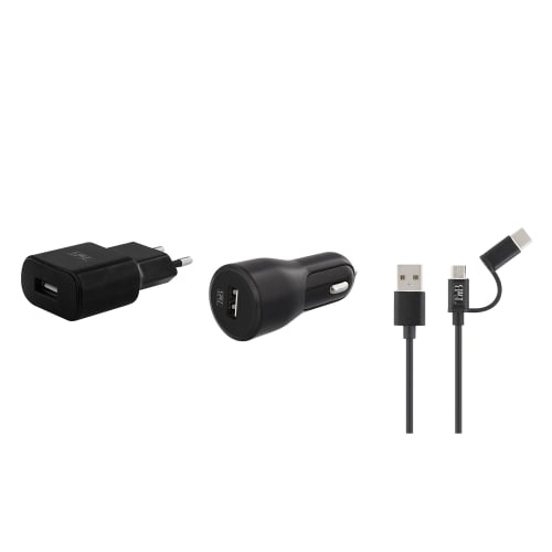 Pack de charge 12W : 1 USB chargeur secteur + chargeur allume cigare + câble 2 en 11