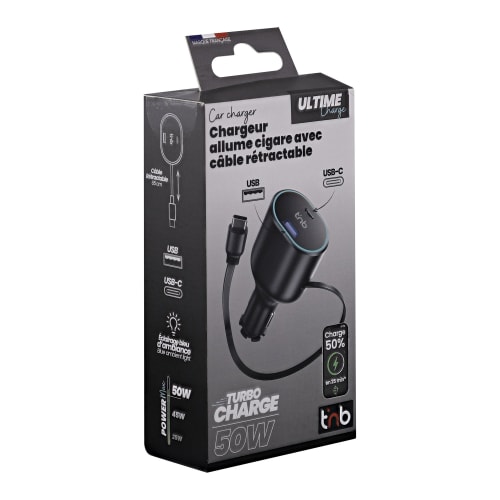 Car charger with 1XUSB and 1XUSB-C retractable cable and a USB-C cable, 50W7