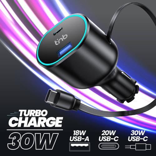 Car charger with 1XUSB and 1XUSB-C retractable cable and a USB-C cable, 50W3