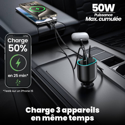 Car charger with 1XUSB and 1XUSB-C retractable cable and a USB-C cable, 50W5