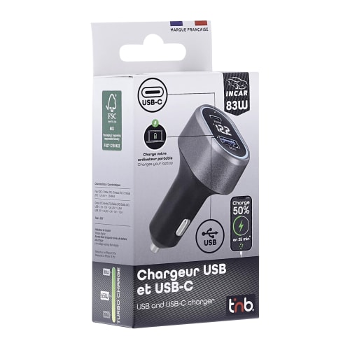 Chargeur allume-cigares 1XUSB et 1XUSB-C QC et PD 83W6