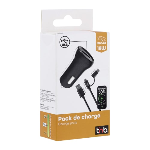 Chargeur allume-cigares Quick charge 1XUSB-A 18W + câble USB Type-C / Micro USB4