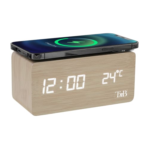 LED alarm clock with wood finish and induction charger1