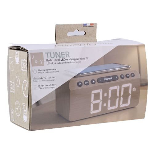 Radio réveil FM LED et chargeur sans fil 15W - finition bois7