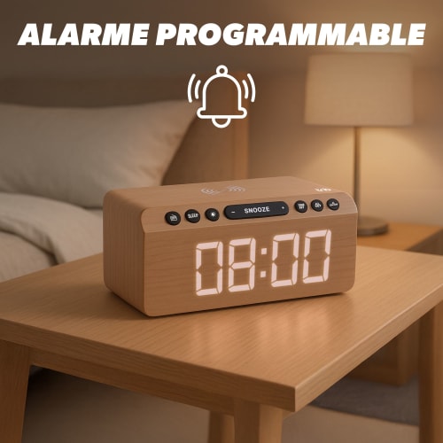 Radio réveil FM LED et chargeur sans fil 15W - finition bois3