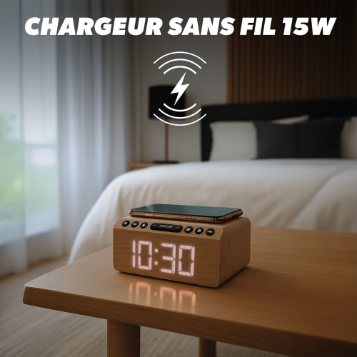 Radio réveil FM LED et chargeur sans fil 15W - finition bois4