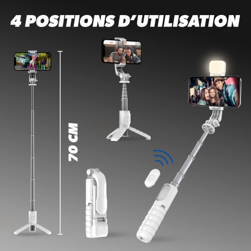 Mini perche à selfie Bluetooth 2 en 1 blanc avec l’éclairage LED - INFLUENCE PRO3