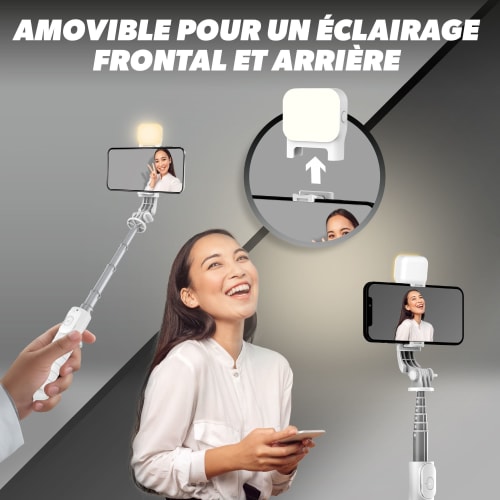 Mini perche à selfie Bluetooth 2 en 1 blanc avec l’éclairage LED - INFLUENCE PRO6