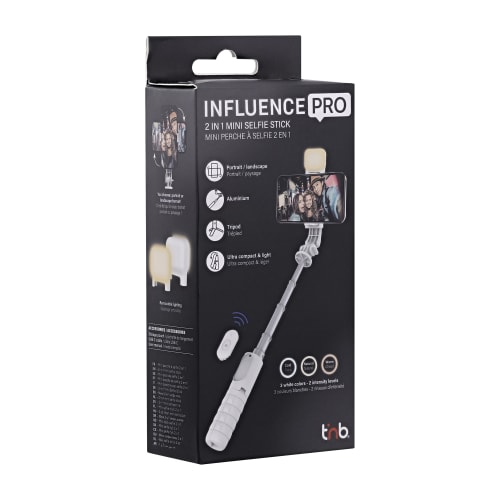 Mini perche à selfie Bluetooth 2 en 1 blanc avec l’éclairage LED - INFLUENCE PRO5