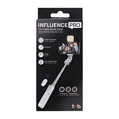 Mini perche à selfie Bluetooth 2 en 1 blanc avec l’éclairage LED - INFLUENCE PRO6