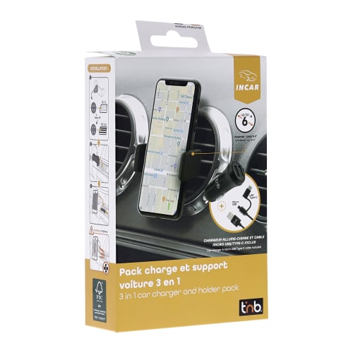 Pack voiture 3 en 1 chargeur allume-cigare 2XUSB-A 20W + support grille d'aération + câble USB-C & micro-USB10