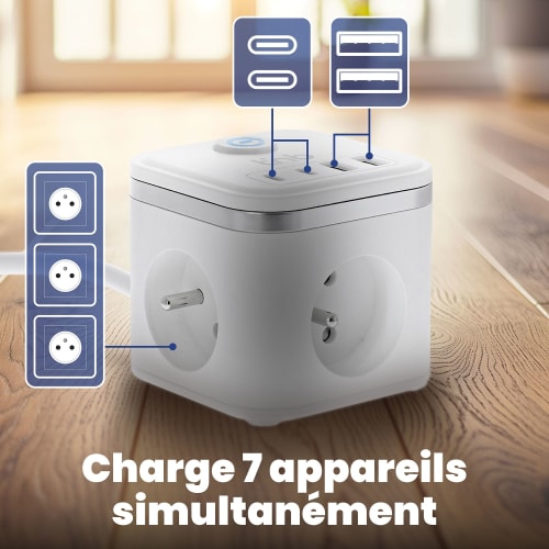 Multiprise secteur avec 3 prises + 4 ports USB (2 USB-A + 2 USB-C) – Bouton ON/OFF4