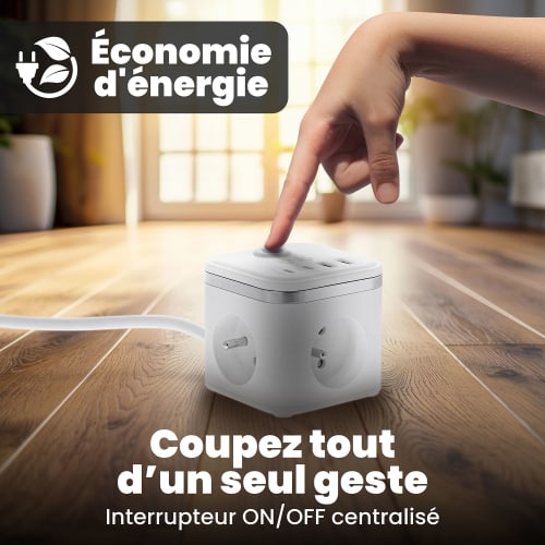 Multiprise secteur avec 3 prises + 4 ports USB (2 USB-A + 2 USB-C) – Bouton ON/OFF6