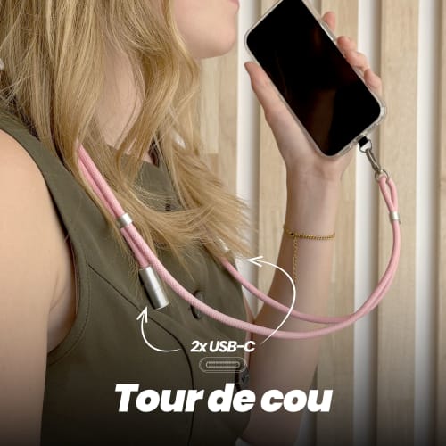 60W USB-C to USB-C Neckband Cable – 2-in-1 Pink3