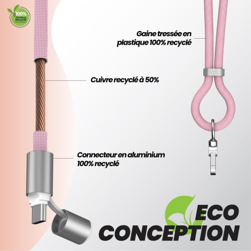 60W USB-C to USB-C Neckband Cable – 2-in-1 Pink6